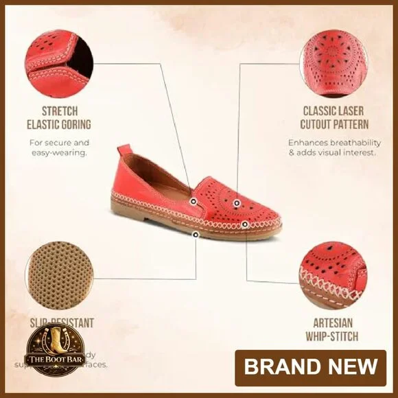 Leather Loafers Slip-On Laser Cutout Elastic Goring Lightweight Sole